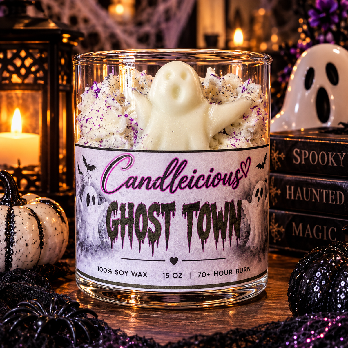 Ghost Town marshmallow pumpkin latte scented 15 oz Halloween candle with ghost wax figure